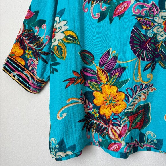 John Mark 1X Boho Vacation Tropical Floral Print Tunic Top Embroidered Trims - Picture 4 of 11